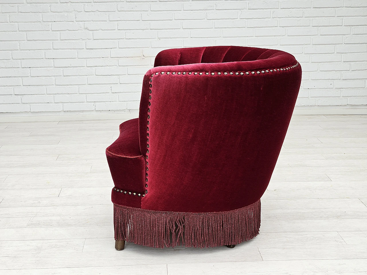 Danish armchair in cherry red velvet, 1970s 12