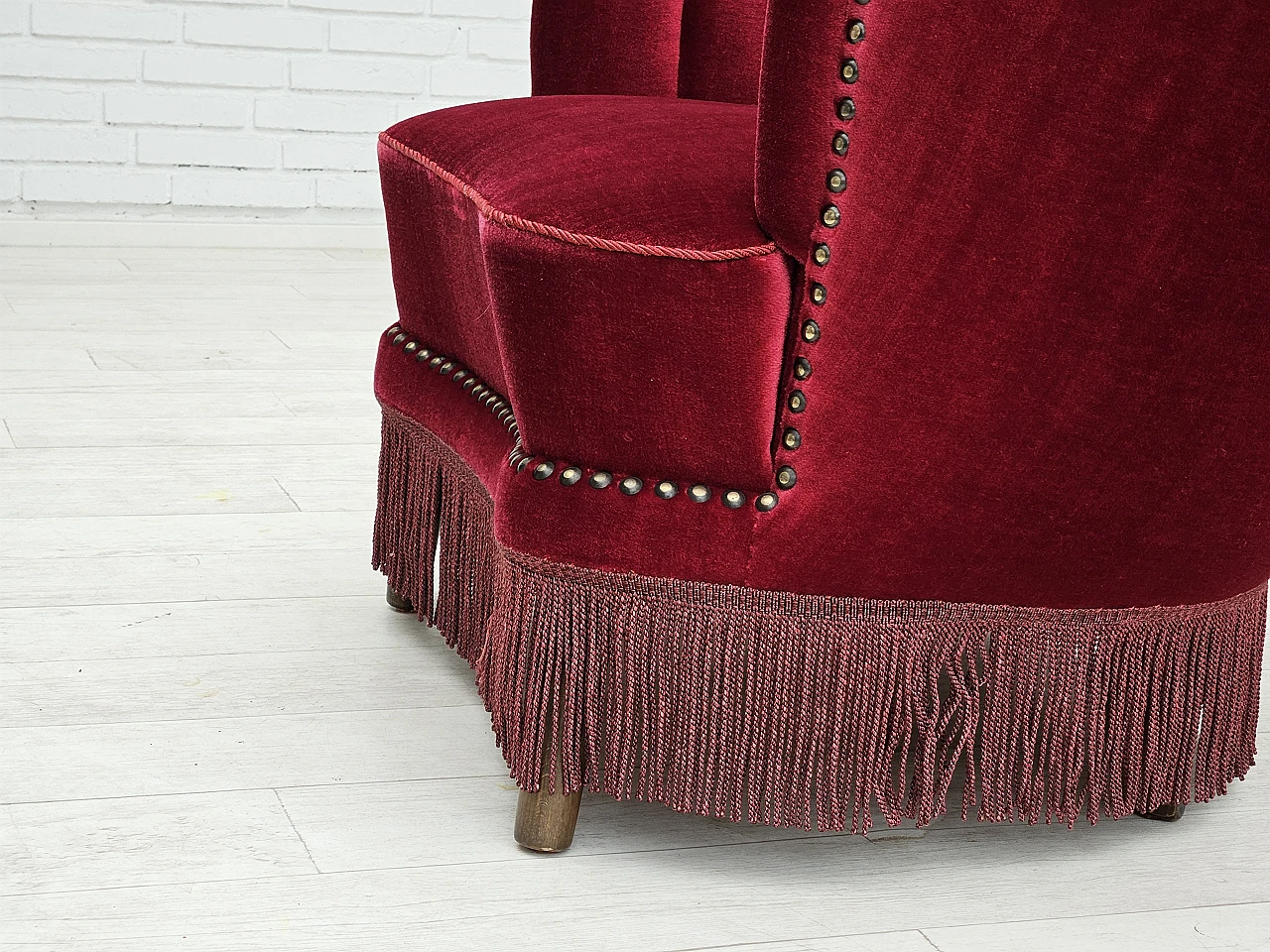 Danish armchair in cherry red velvet, 1970s 13