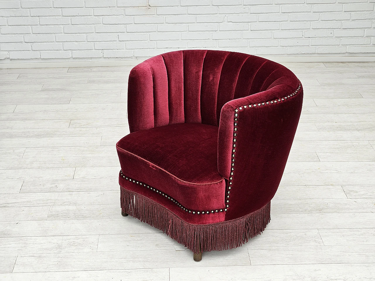 Danish armchair in cherry red velvet, 1970s 14