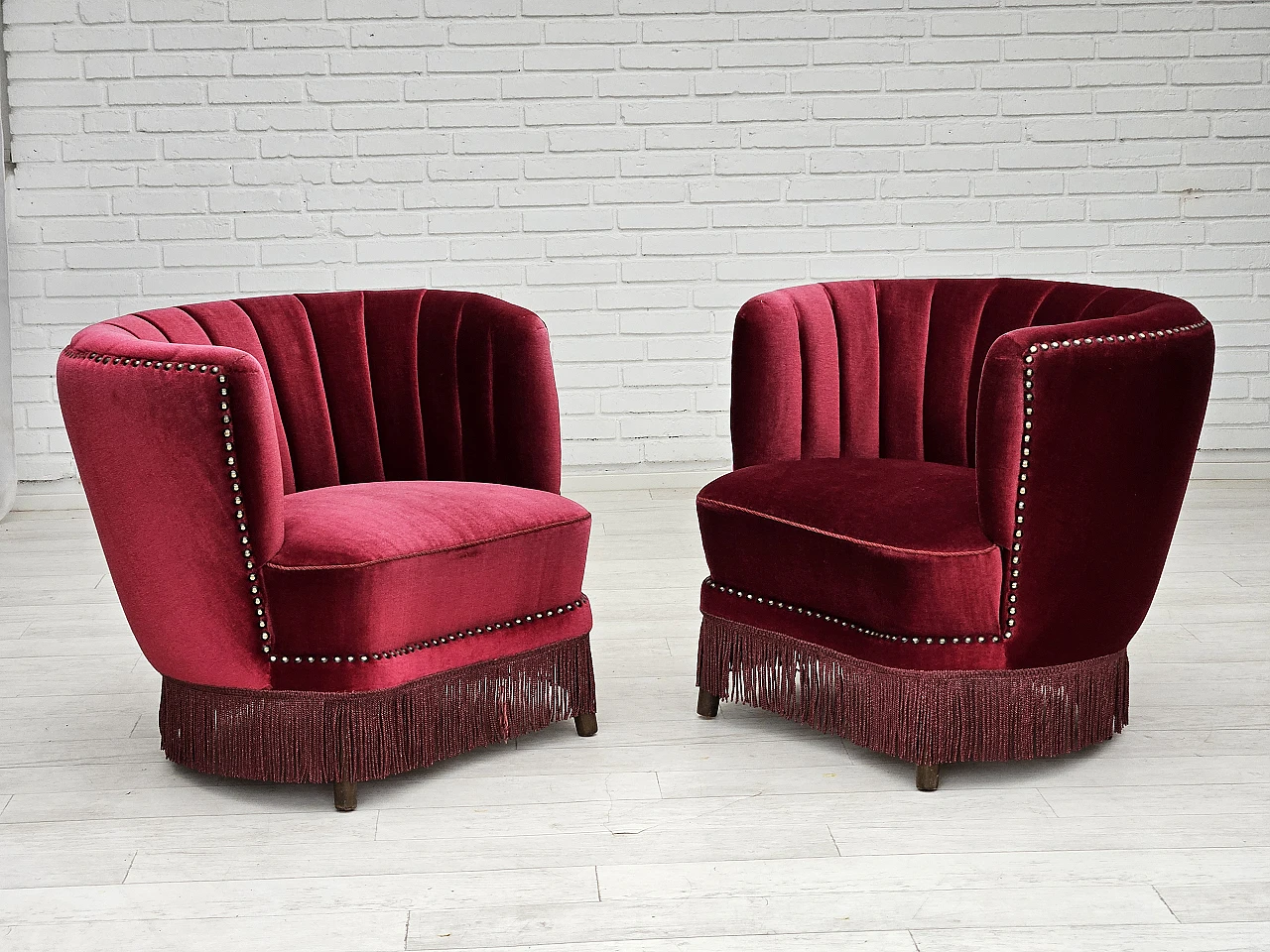 Danish armchair in cherry red velvet, 1970s 15