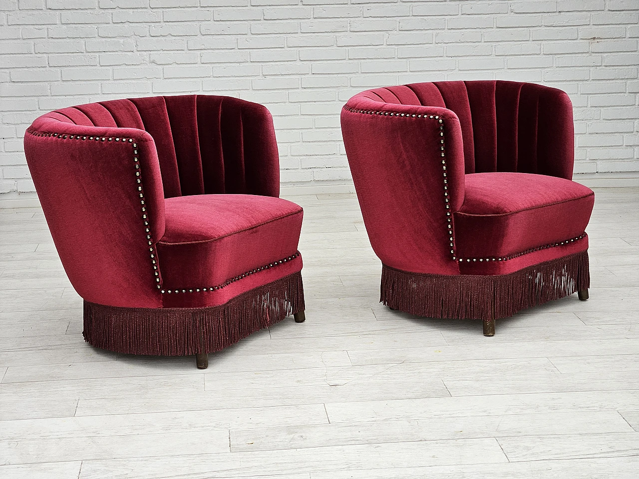 Danish armchair in cherry red velvet, 1970s 16