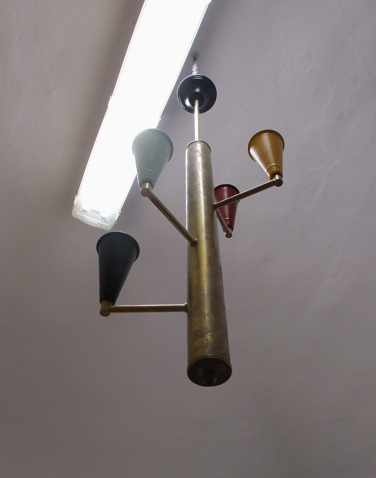 Stilnovo brass and aluminum chandelier, 1950s 5