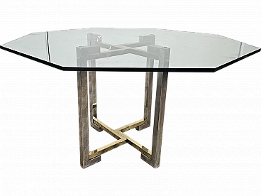 Regency Table in Chromed Metal and Brass with Hexagonal Glass Top, 1970