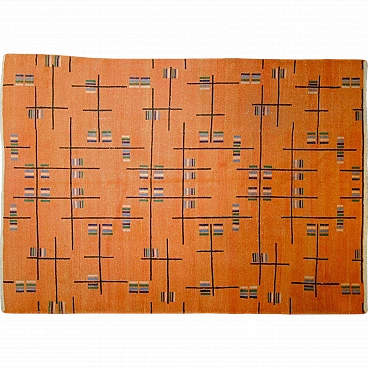 Zeki Muren 1970s orange-colored rug with futurist abstract decorative motifs