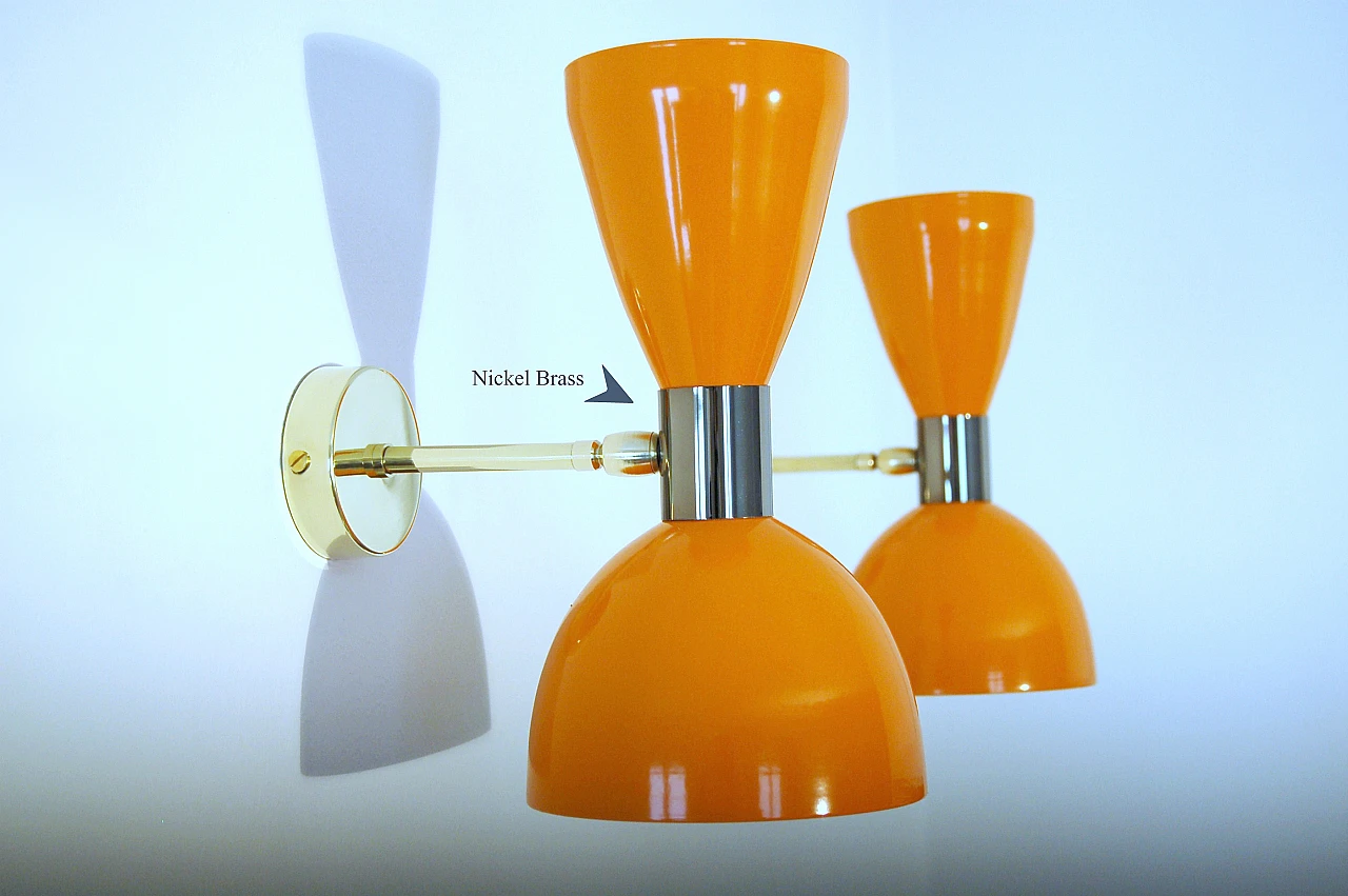 Orange lacquered metal double lampshade wall light 3