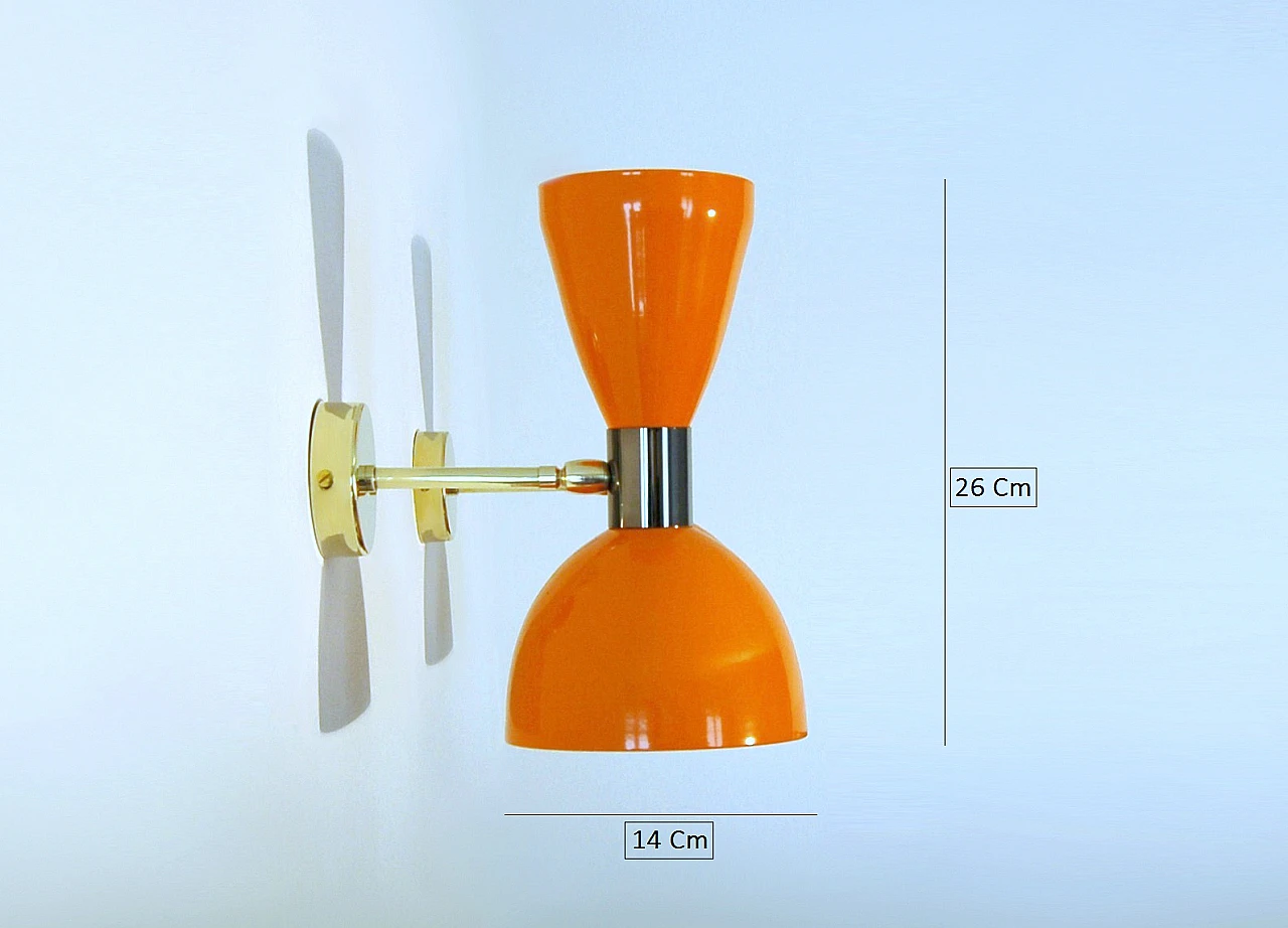 Orange lacquered metal double lampshade wall light 4