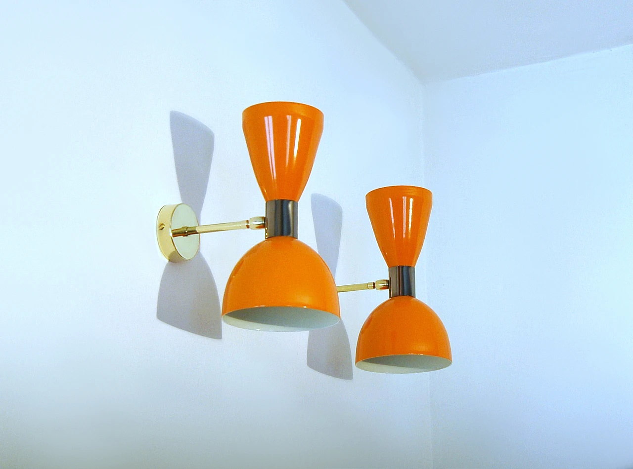 Orange lacquered metal double lampshade wall light 5