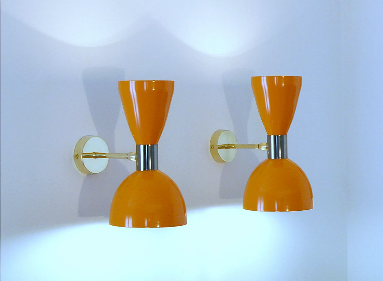 Orange lacquered metal double lampshade wall light 8