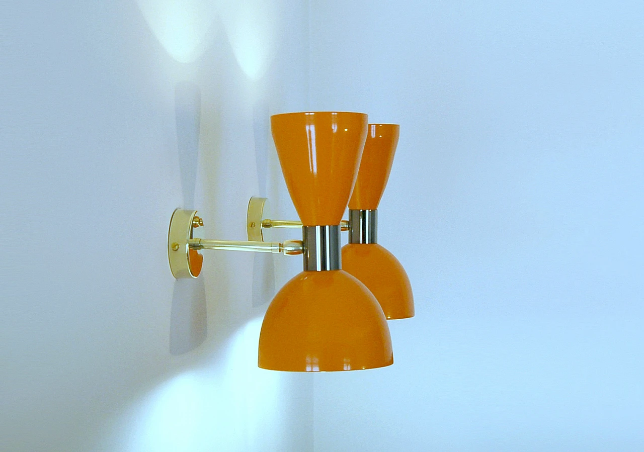 Orange lacquered metal double lampshade wall light 9