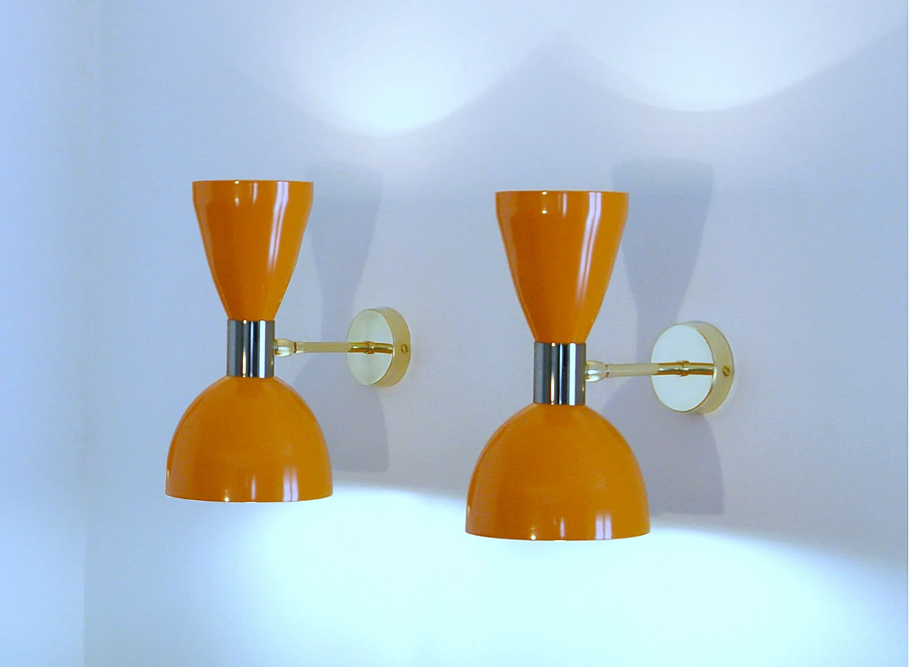 Orange lacquered metal double lampshade wall light 10