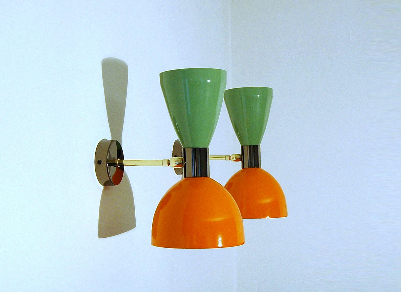 Brass and green and orange lacquered metal wall light by Deyroo Lighting 13