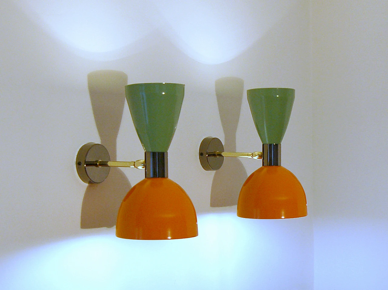 Brass and green and orange lacquered metal wall light by Deyroo Lighting 17