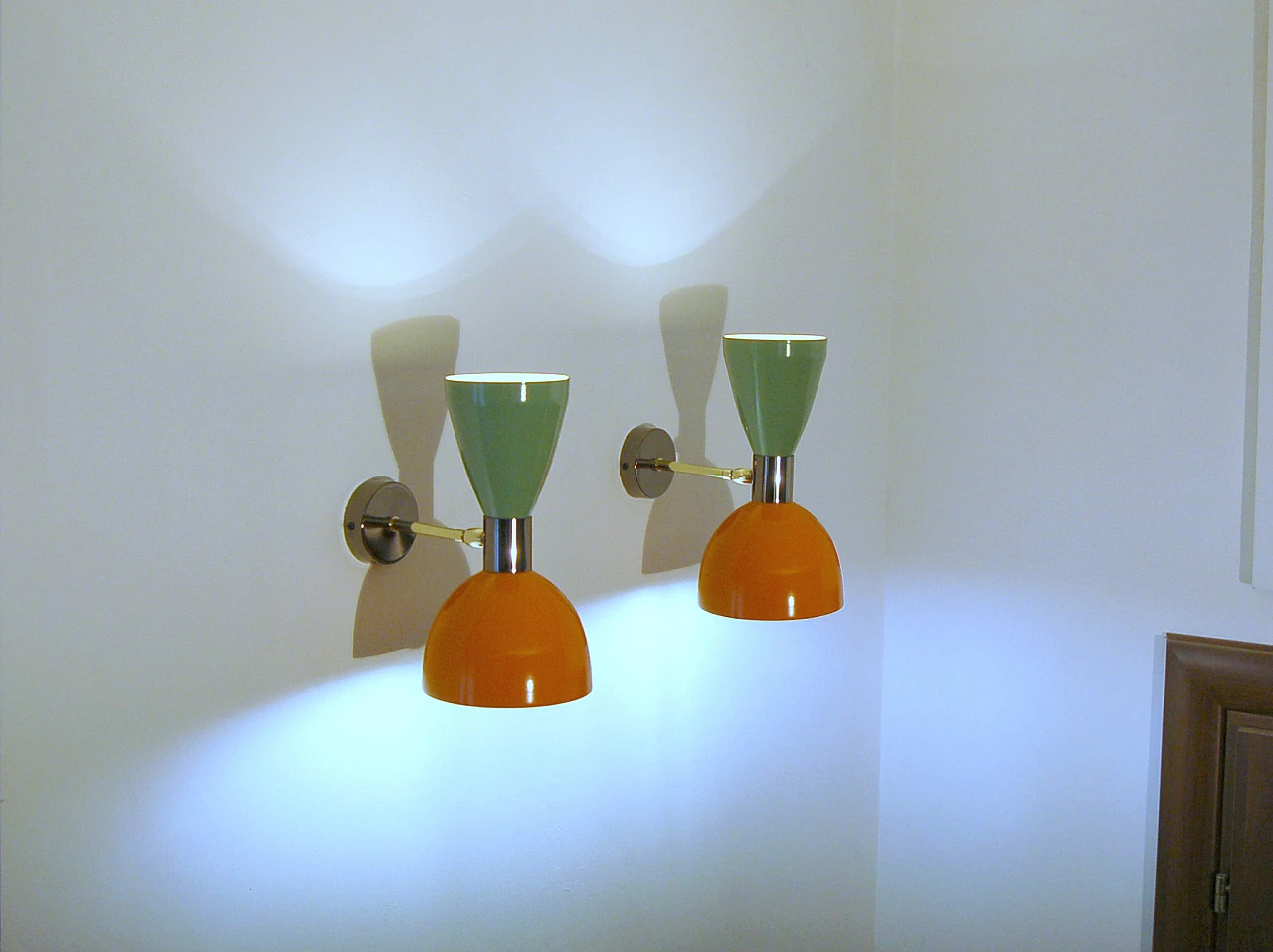 Brass and green and orange lacquered metal wall light by Deyroo Lighting 18