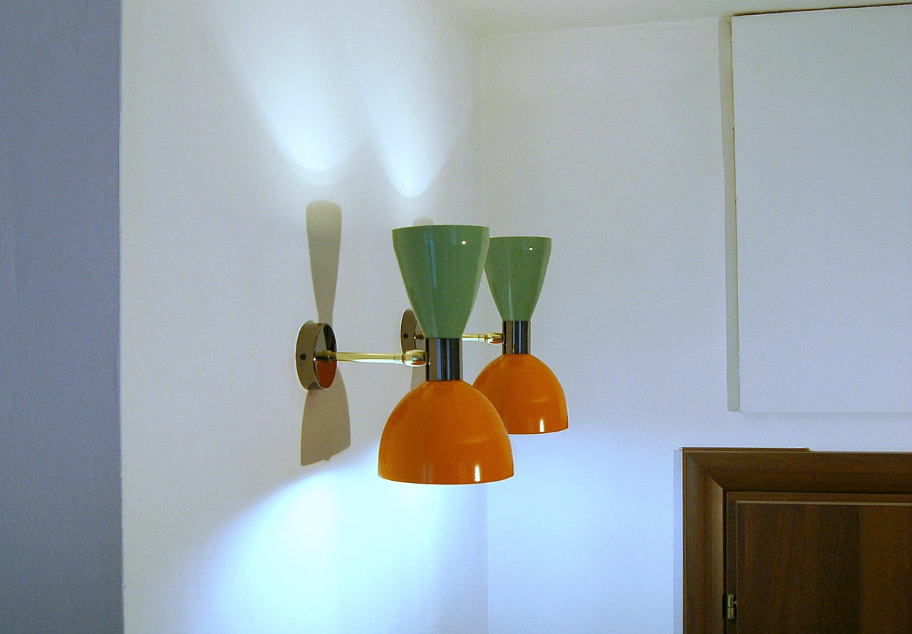 Brass and green and orange lacquered metal wall light by Deyroo Lighting 19