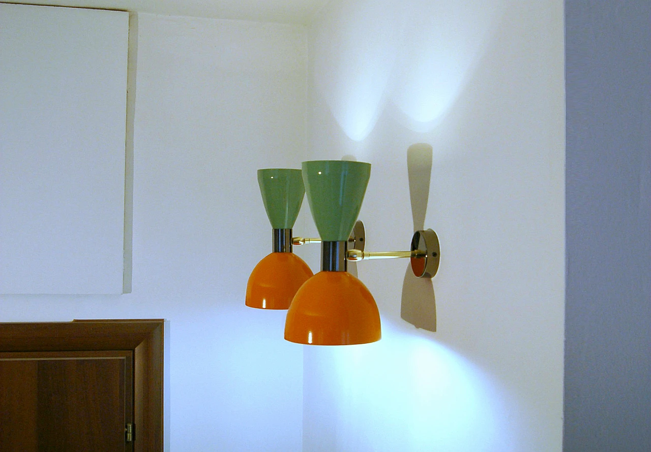 Brass and green and orange lacquered metal wall light by Deyroo Lighting 20