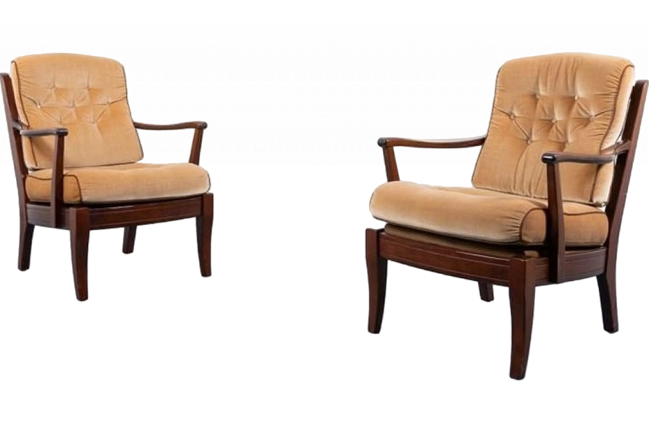 Pair of wood and velvet armchairs by Engens, 1970s 10