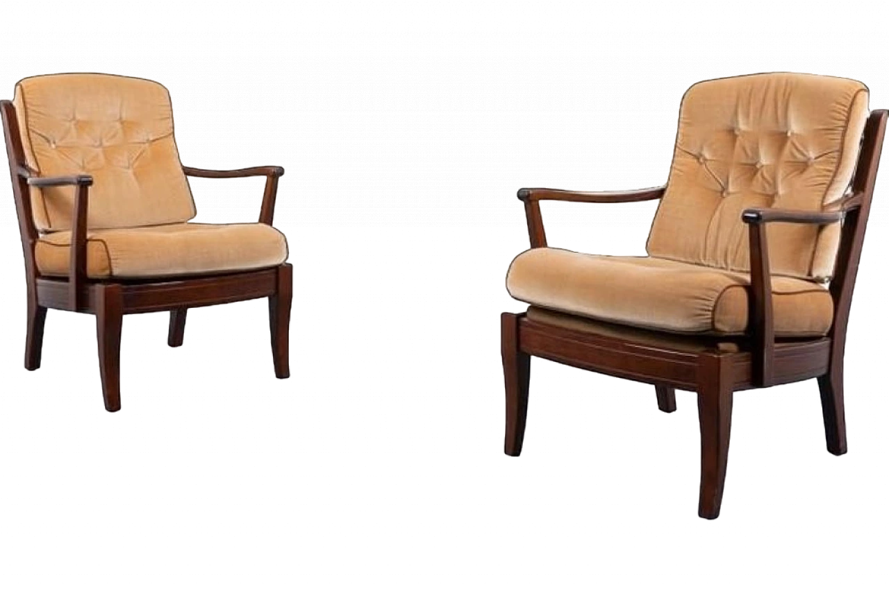 Pair of wood and velvet armchairs by Engens, 1970s 11