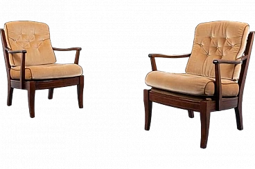 Pair of wood and velvet armchairs by Engens, 1970s