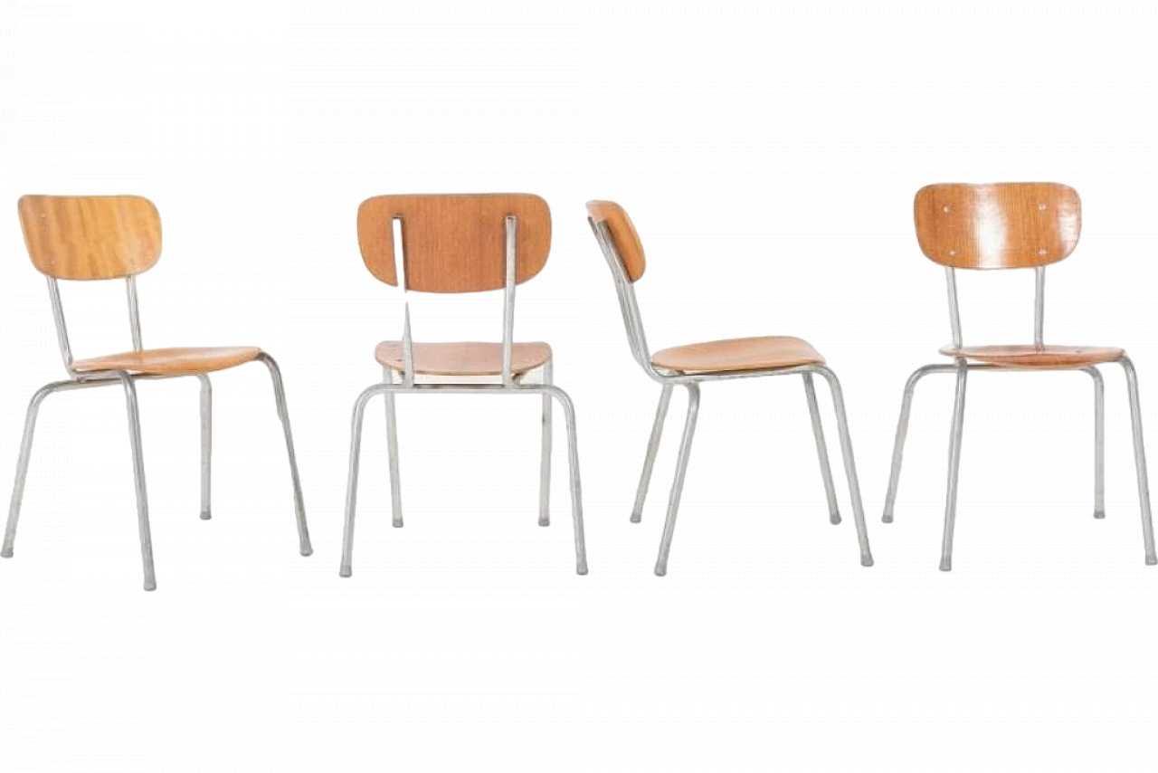 4 School chairs in aluminum and wood, 1960s 11