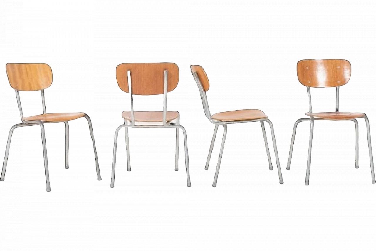 4 School chairs in aluminum and wood, 1960s 12