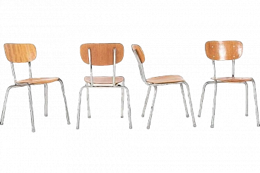 4 School chairs in aluminum and wood, 1960s