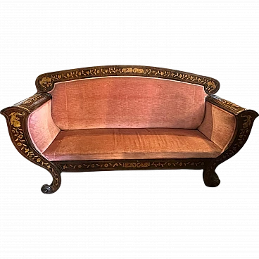 Sicilian wood and pink velvet sofa by Charles X, 19th century