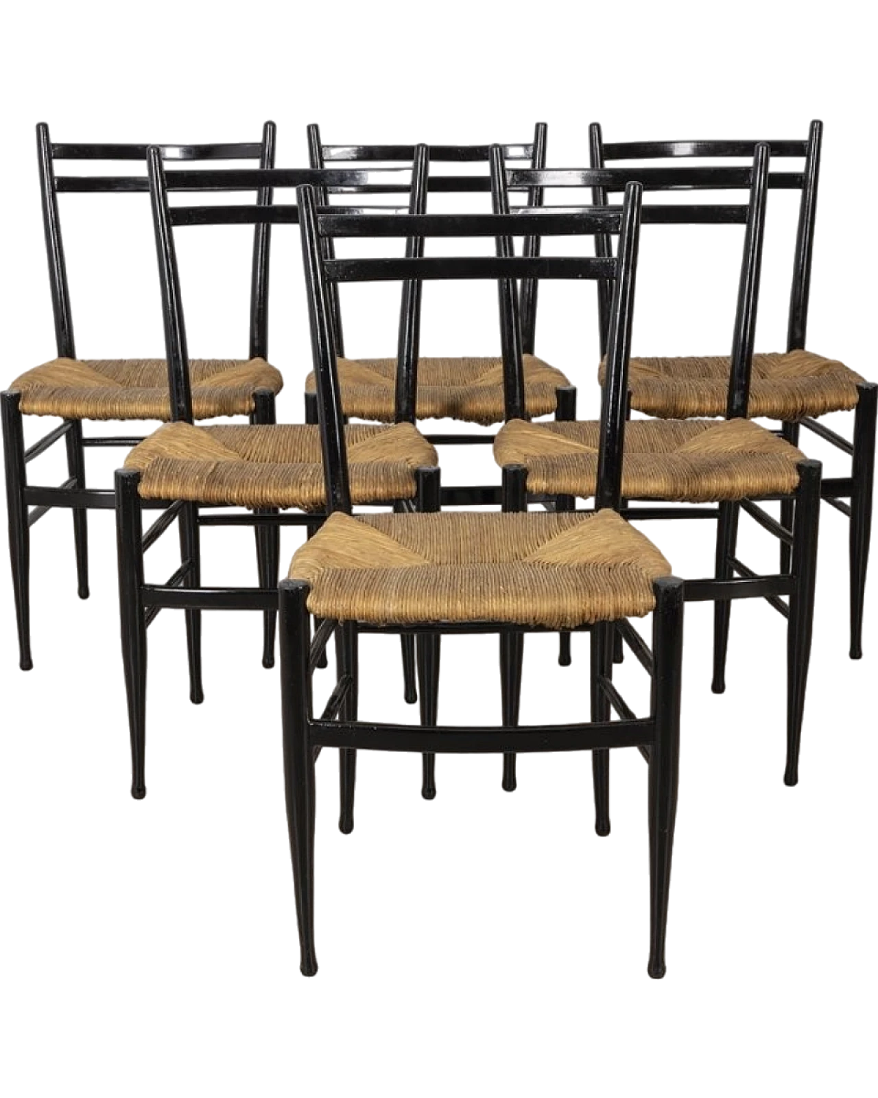 6 Chairs in black wood with rope seats, '50s 11