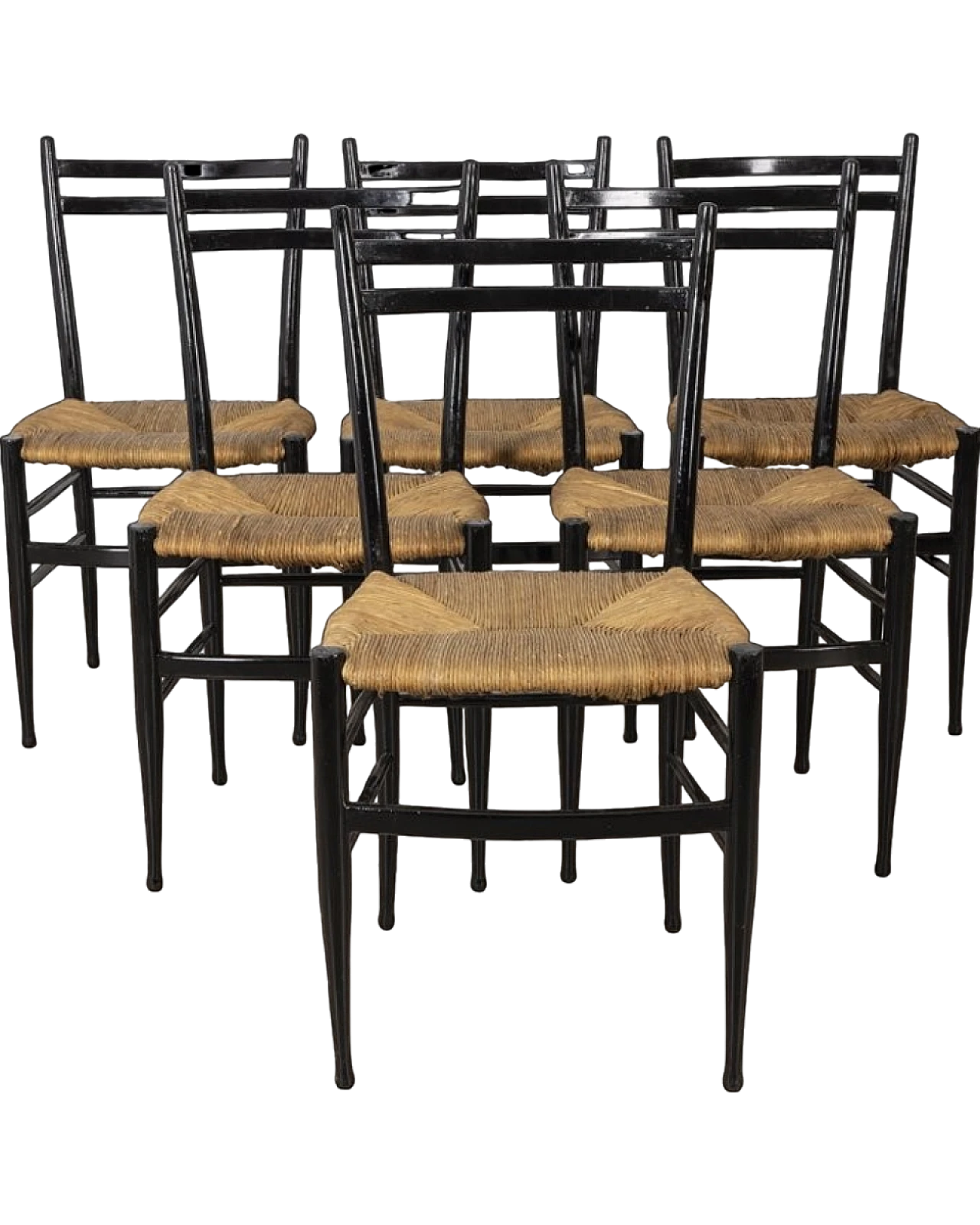 6 Chairs in black wood with rope seats, '50s 12