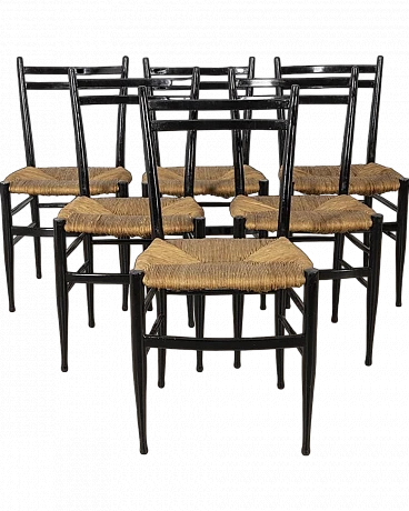 6 Chairs in black wood with rope seats, '50s