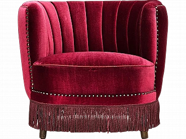 Danish armchair in cherry red velvet, 1970s