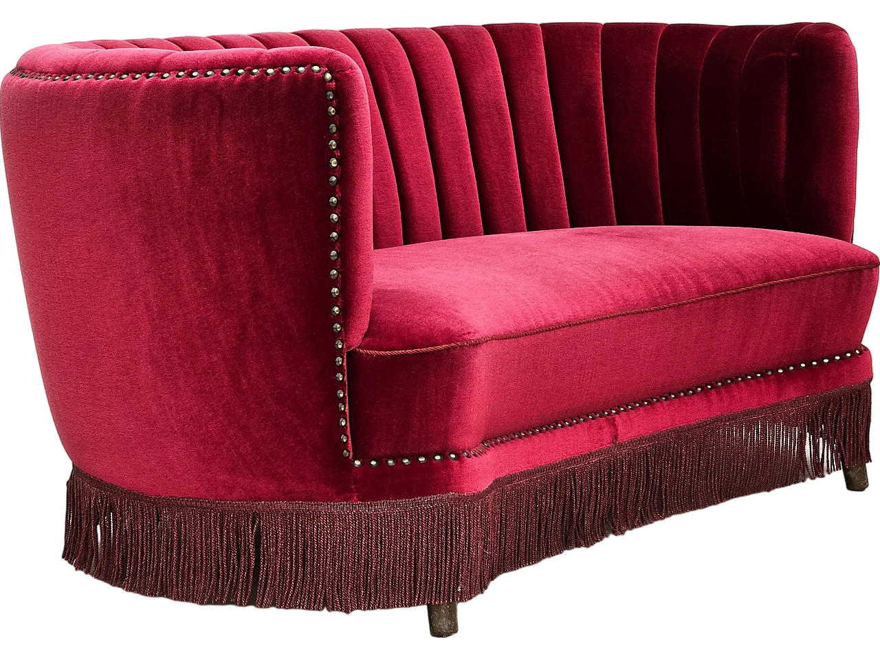 Danish cherry red velvet banana sofa, 1970s 17