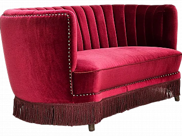 Danish cherry red velvet banana sofa, 1970s