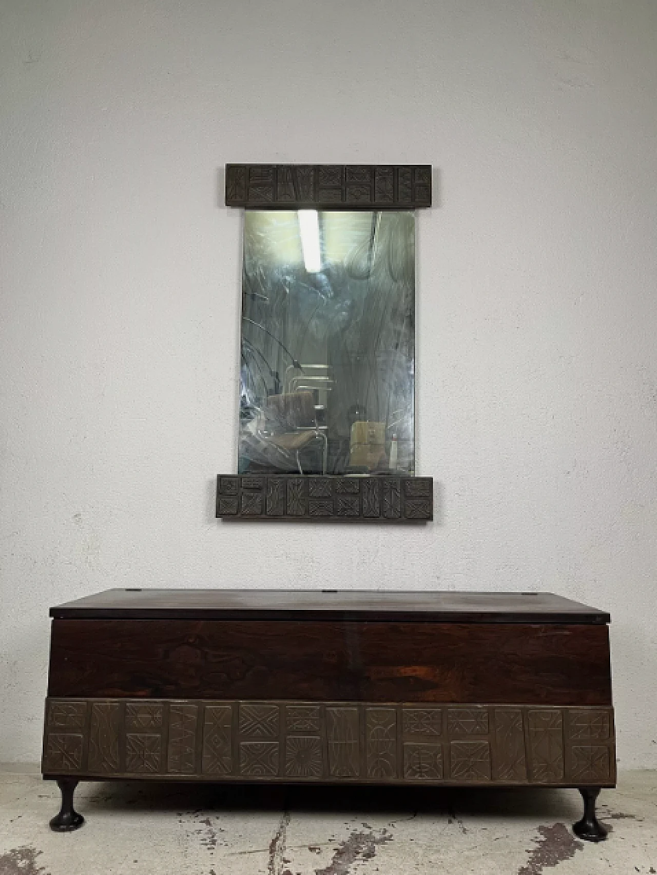 Mirror and chest in wood and enamelled copper, 1950s 1