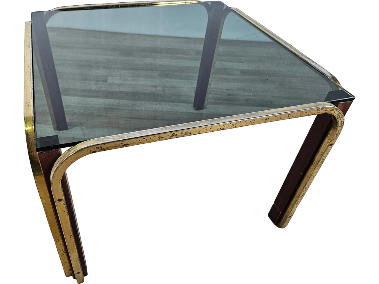 Coffee table in gilded metal and smoked glass, 1970s 13