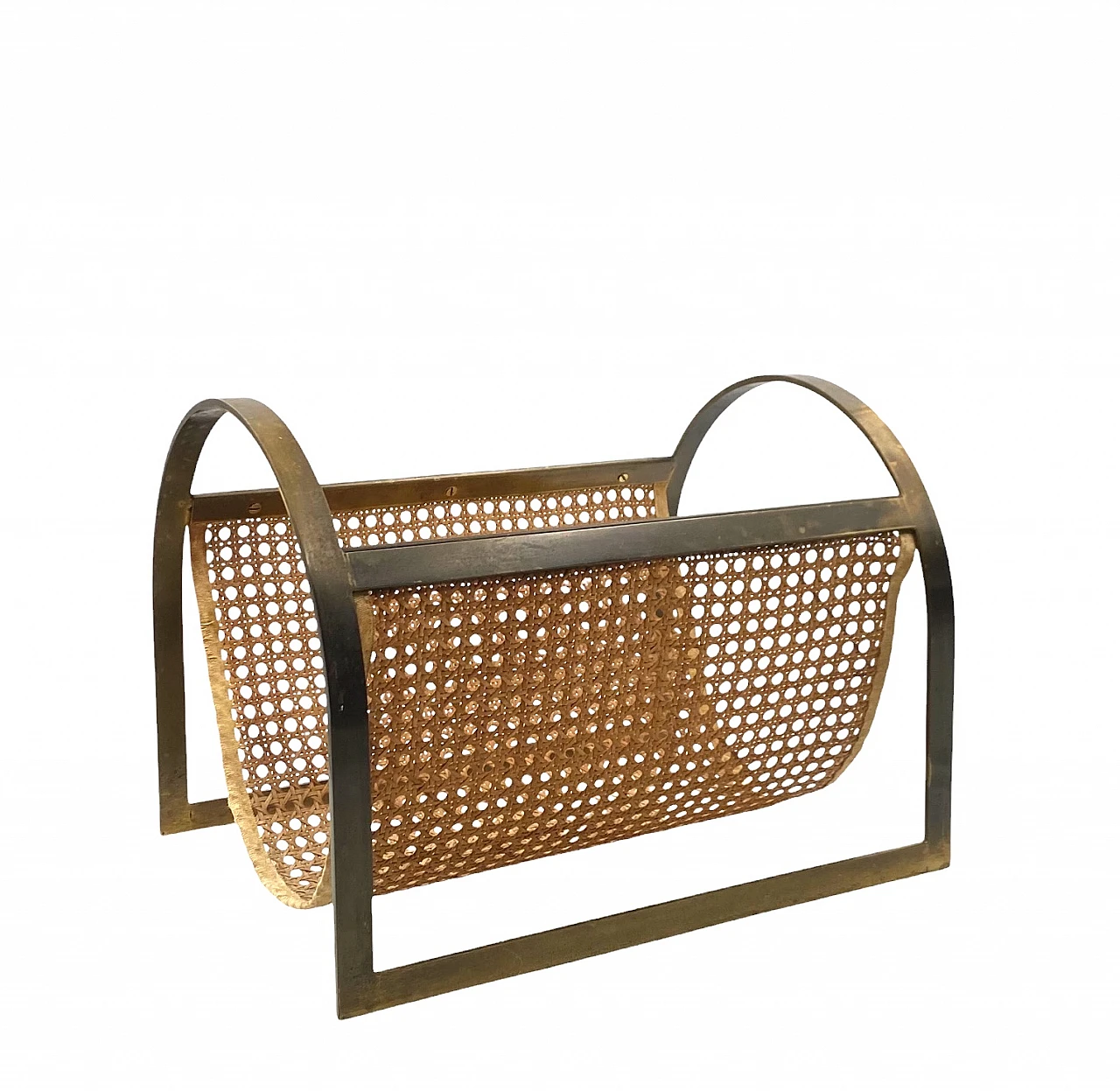 Hollywood regency brass and Vienna straw magazine rack, Italy 70s 1