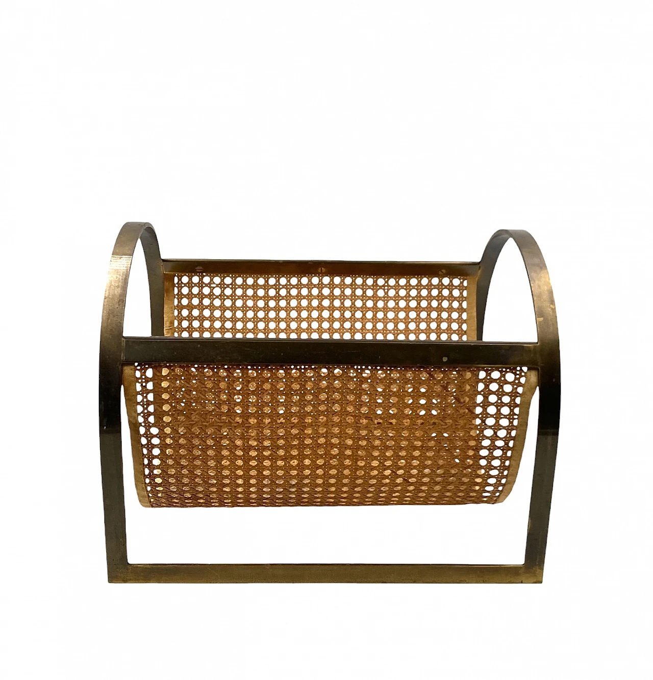 Hollywood regency brass and Vienna straw magazine rack, Italy 70s 2