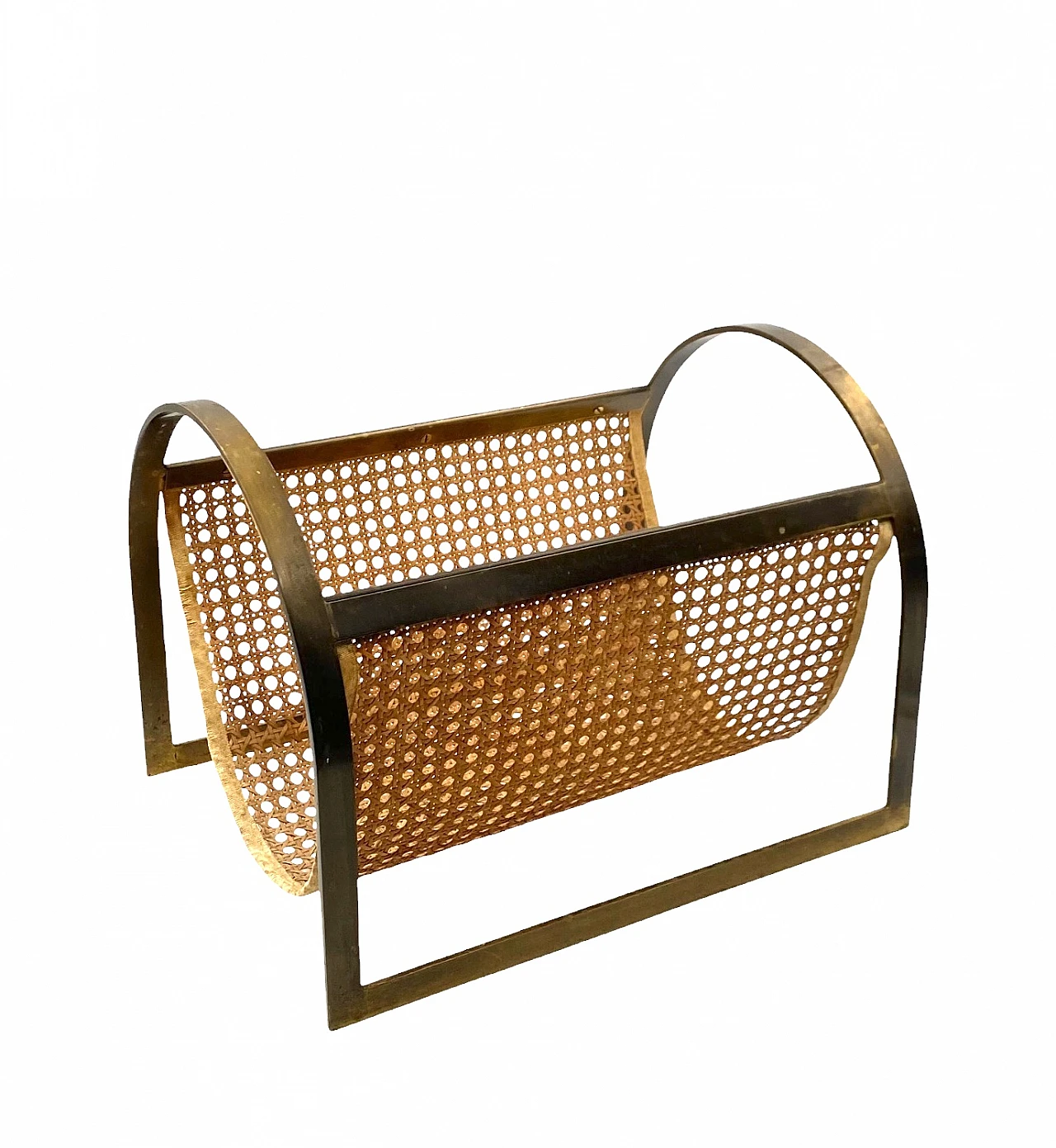 Hollywood regency brass and Vienna straw magazine rack, Italy 70s 3