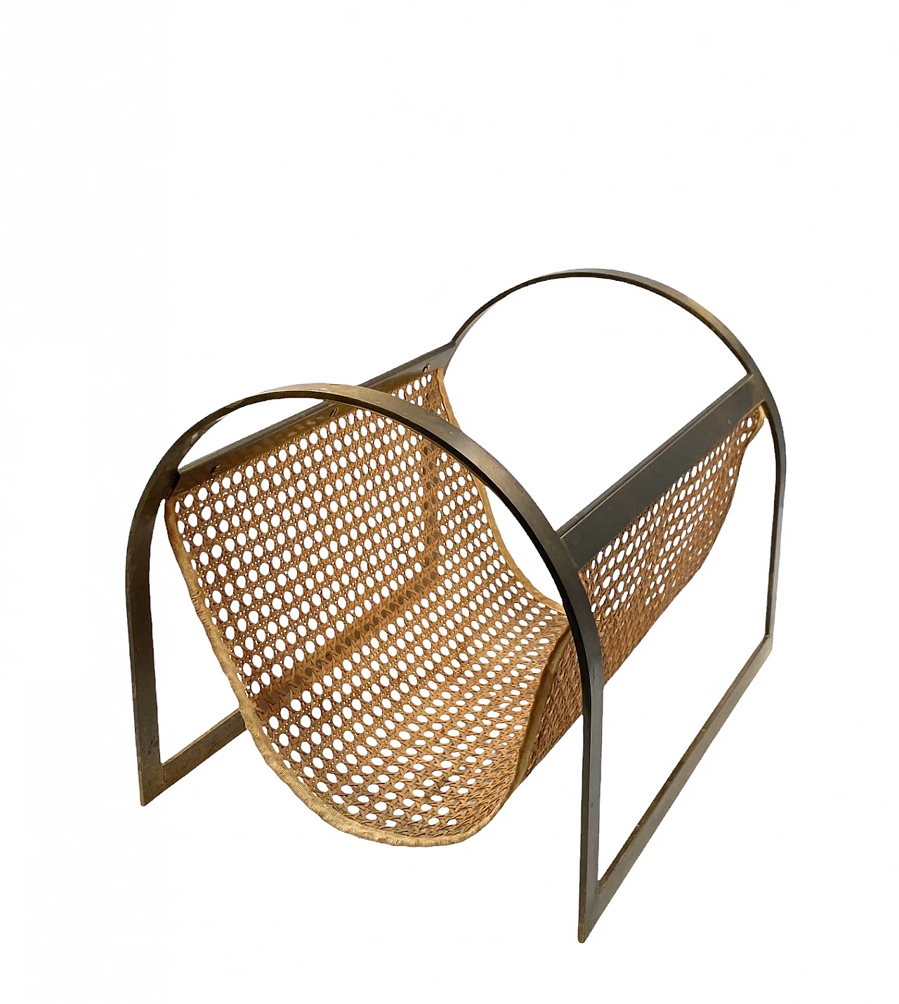 Hollywood regency brass and Vienna straw magazine rack, Italy 70s 5