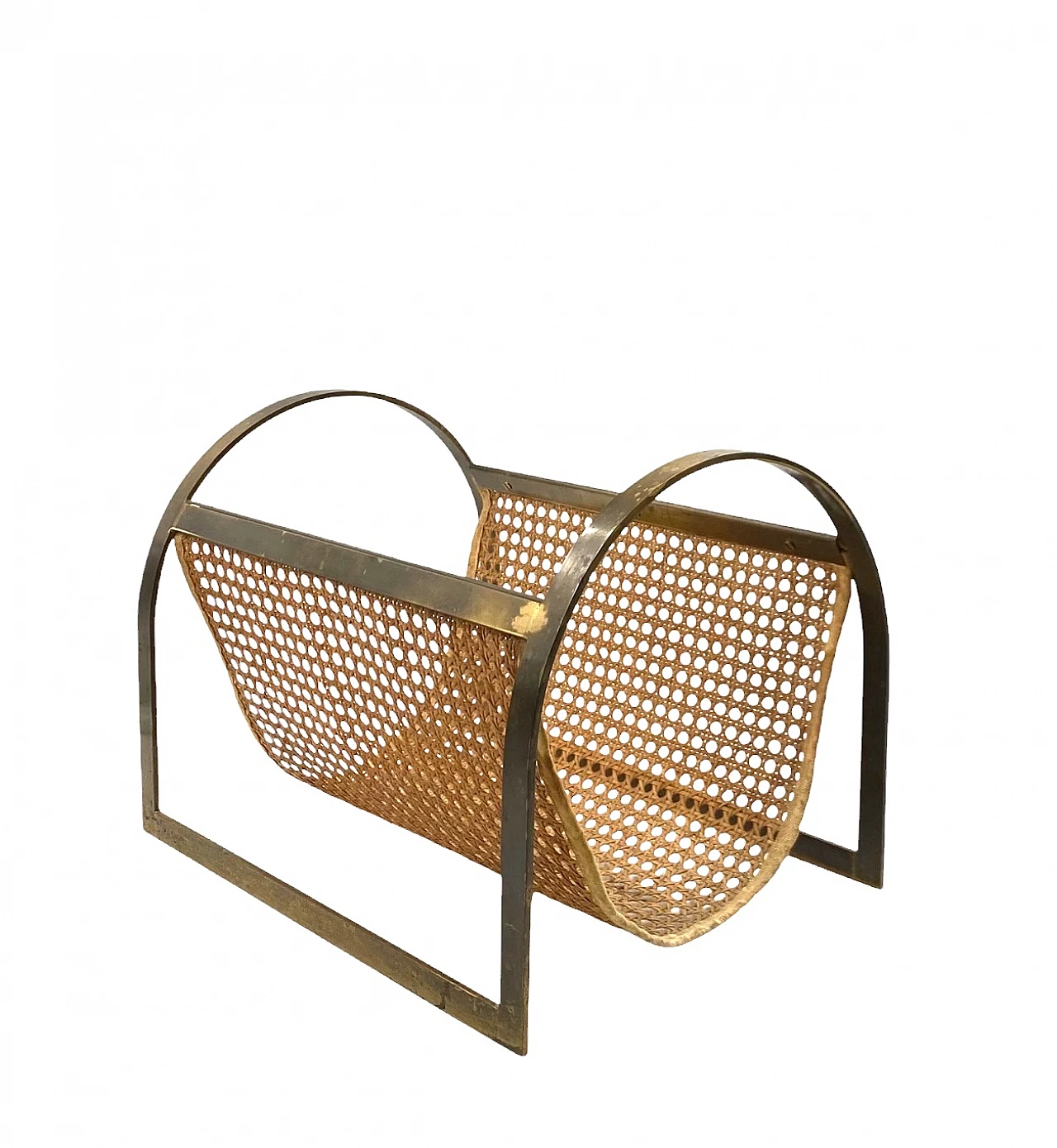 Hollywood regency brass and Vienna straw magazine rack, Italy 70s 9