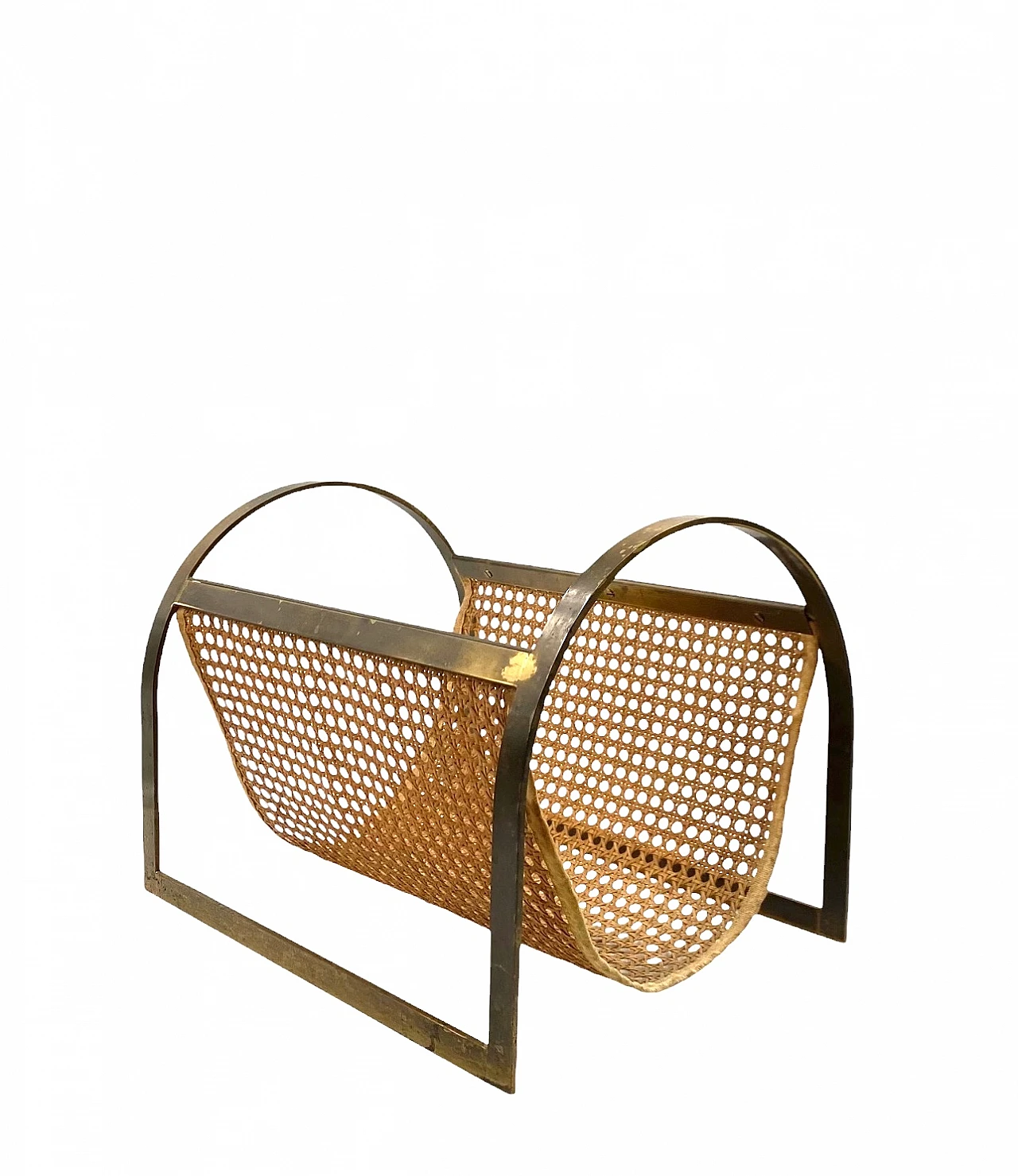 Hollywood regency brass and Vienna straw magazine rack, Italy 70s 10