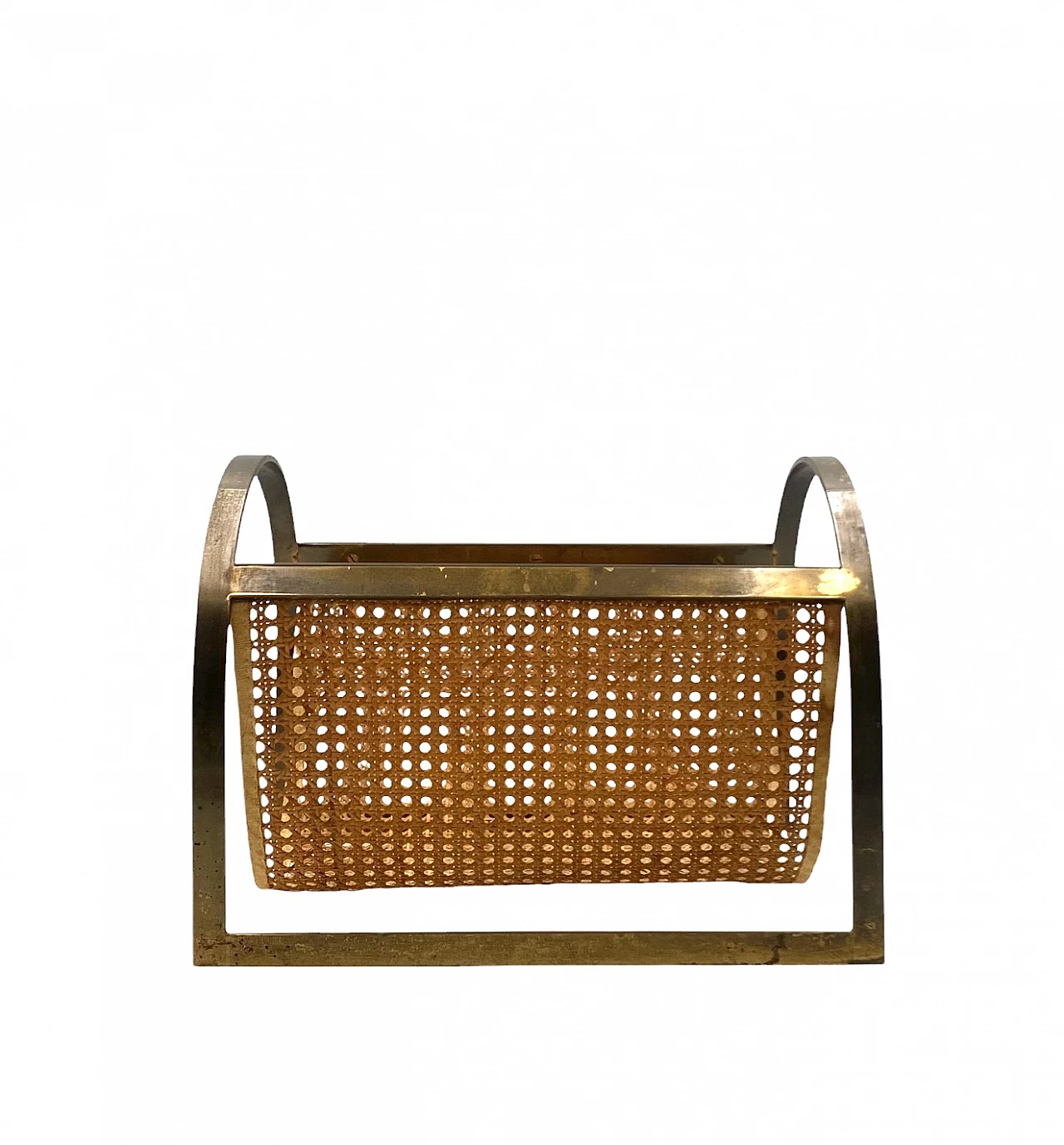 Hollywood regency brass and Vienna straw magazine rack, Italy 70s 12