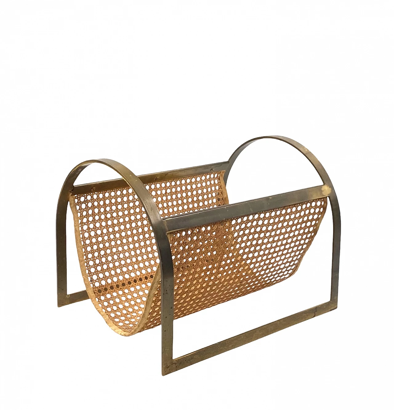 Hollywood regency brass and Vienna straw magazine rack, Italy 70s 15