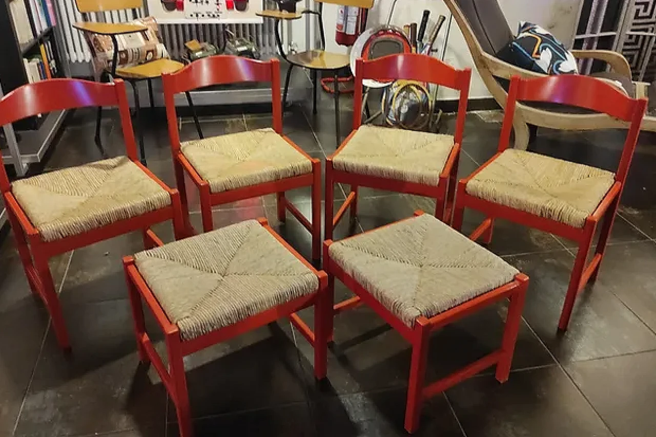 4 Chairs and 2 stools in wood and straw by Poltronova, 1960s 1