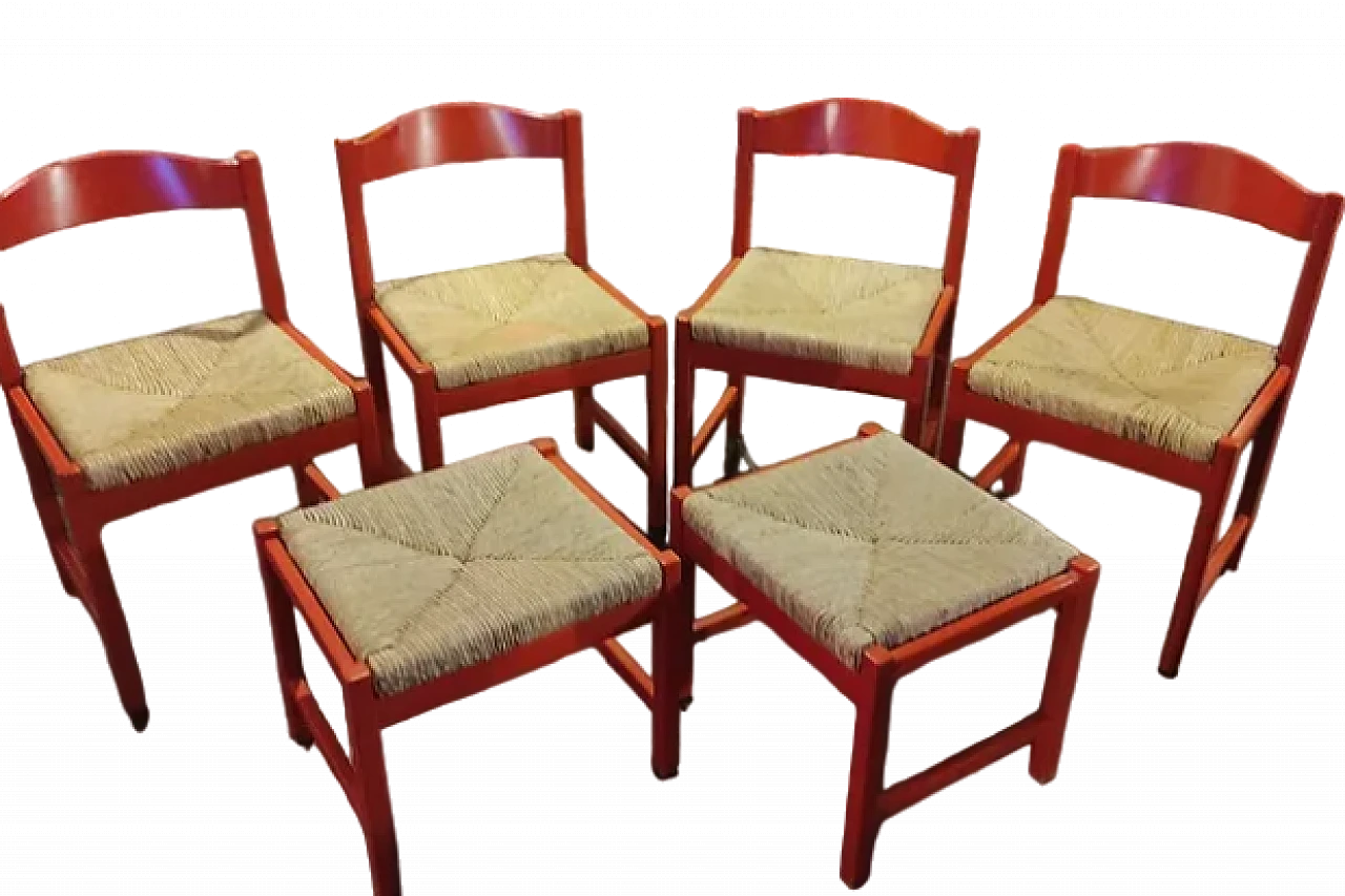 4 Chairs and 2 stools in wood and straw by Poltronova, 1960s 4