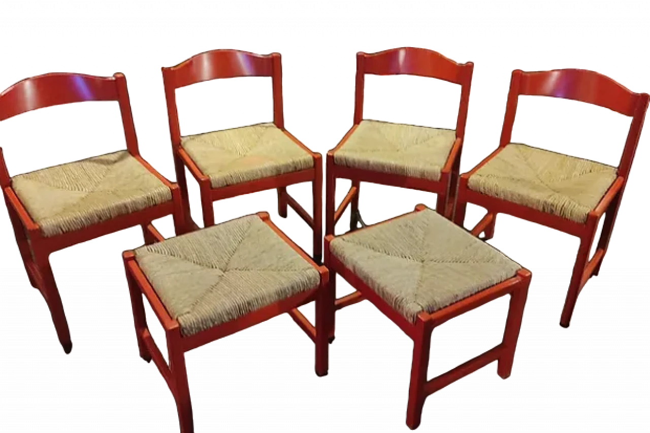 4 Chairs and 2 stools in wood and straw by Poltronova, 1960s 5