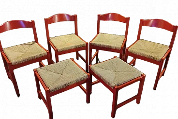 4 Chairs and 2 stools in wood and straw by Poltronova, 1960s