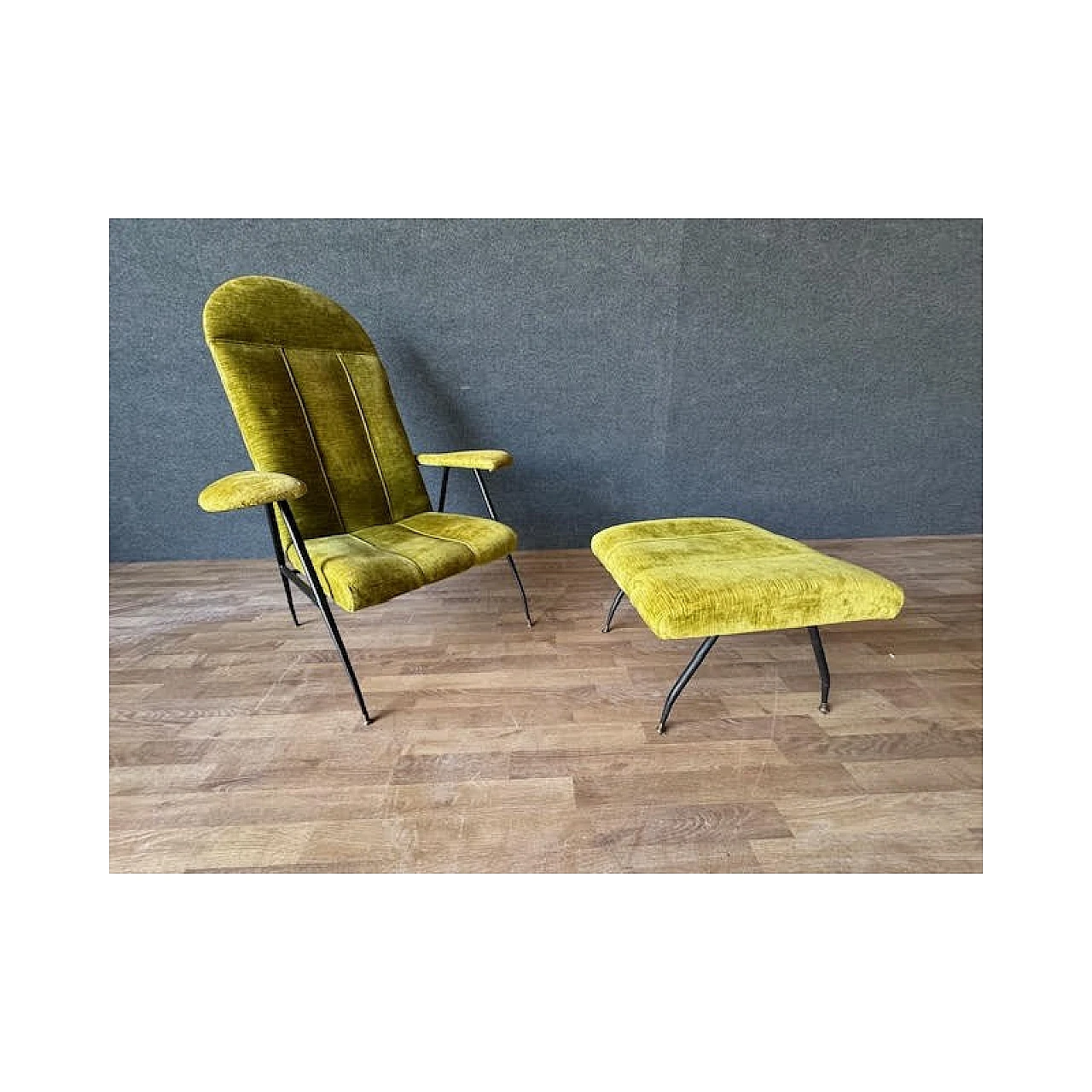 Pair of iron, brass and velvet armchairs, 1950s 2