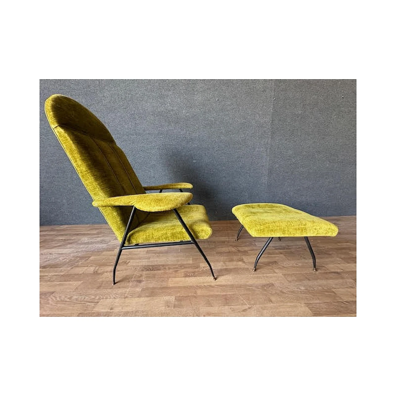 Pair of iron, brass and velvet armchairs, 1950s 3