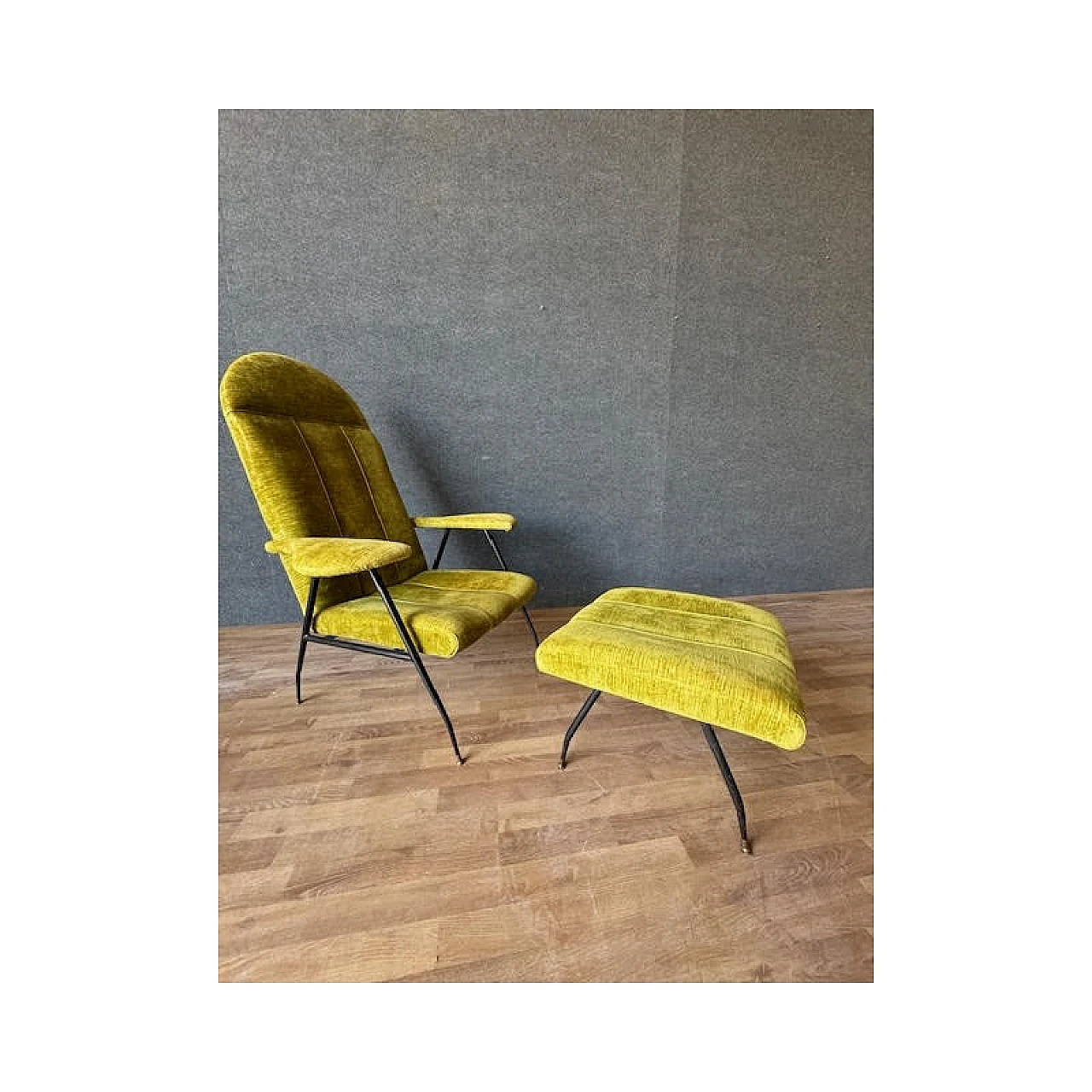 Pair of iron, brass and velvet armchairs, 1950s 4