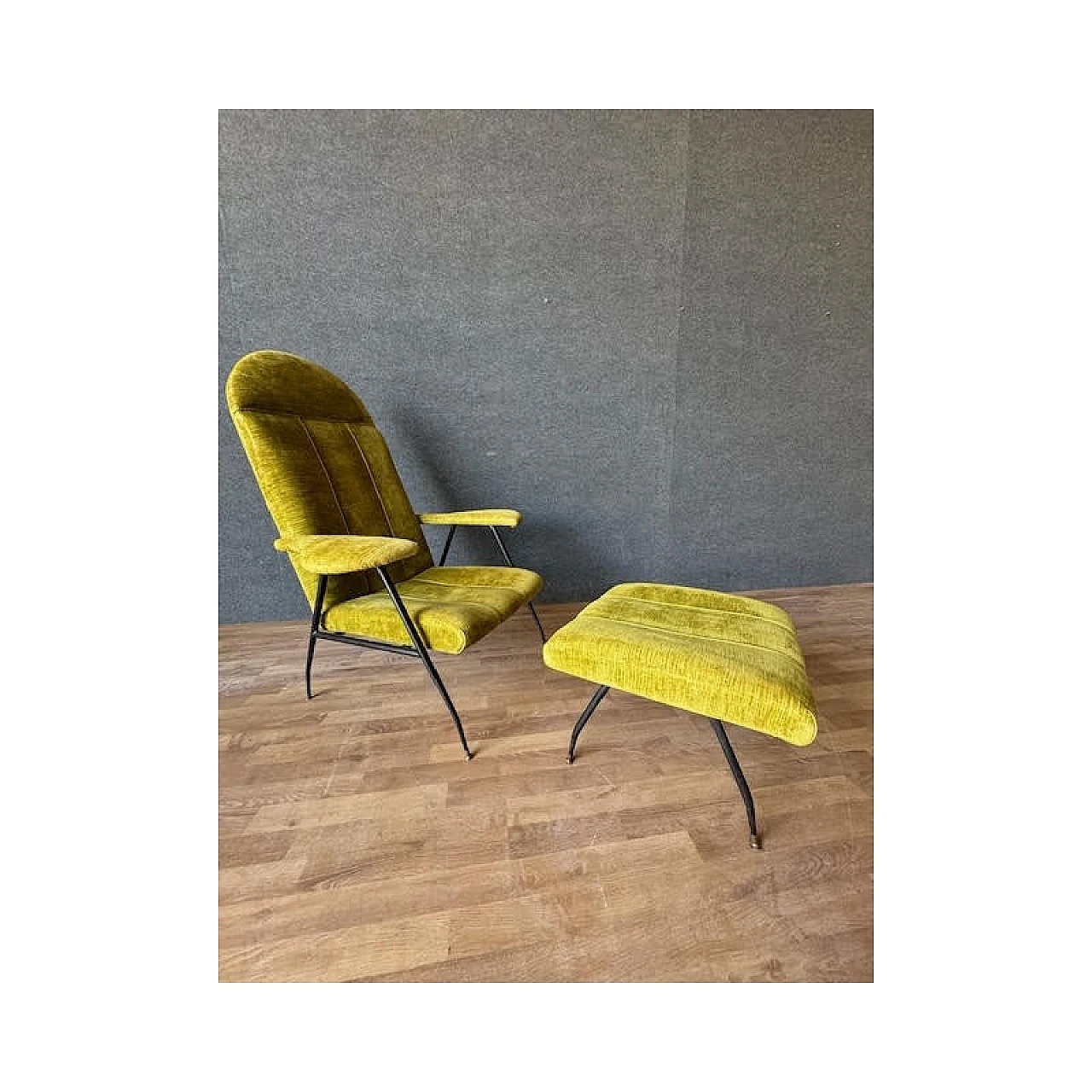 Pair of iron, brass and velvet armchairs, 1950s 5